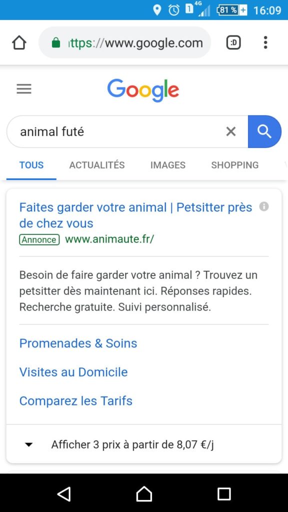 Utilisation par Animaute du nom de marque "Animal Futé" en SEA, version mobile